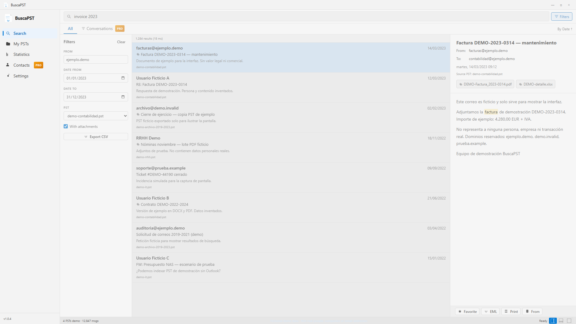 Filters by sender, date and PST