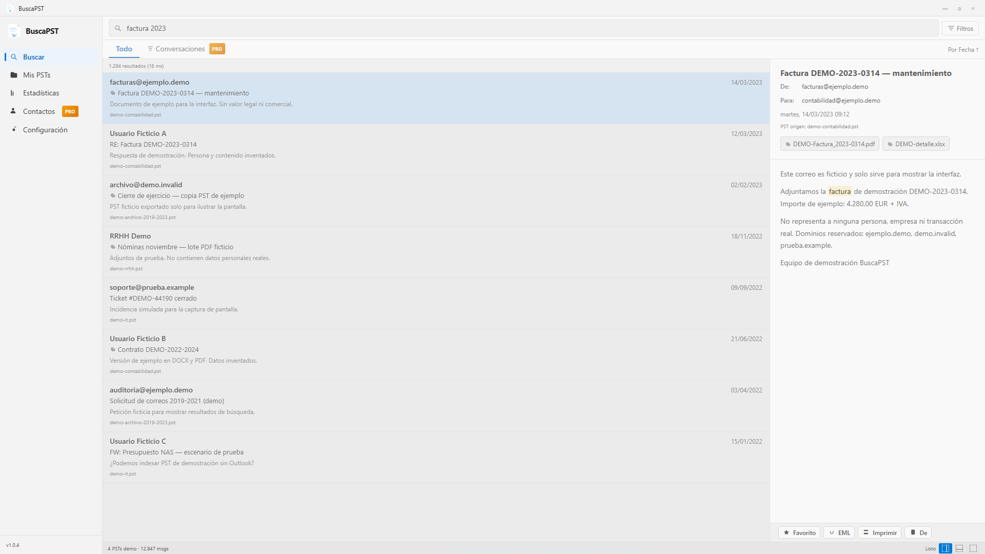 Captura de BuscaPST con datos de demostración ficticios