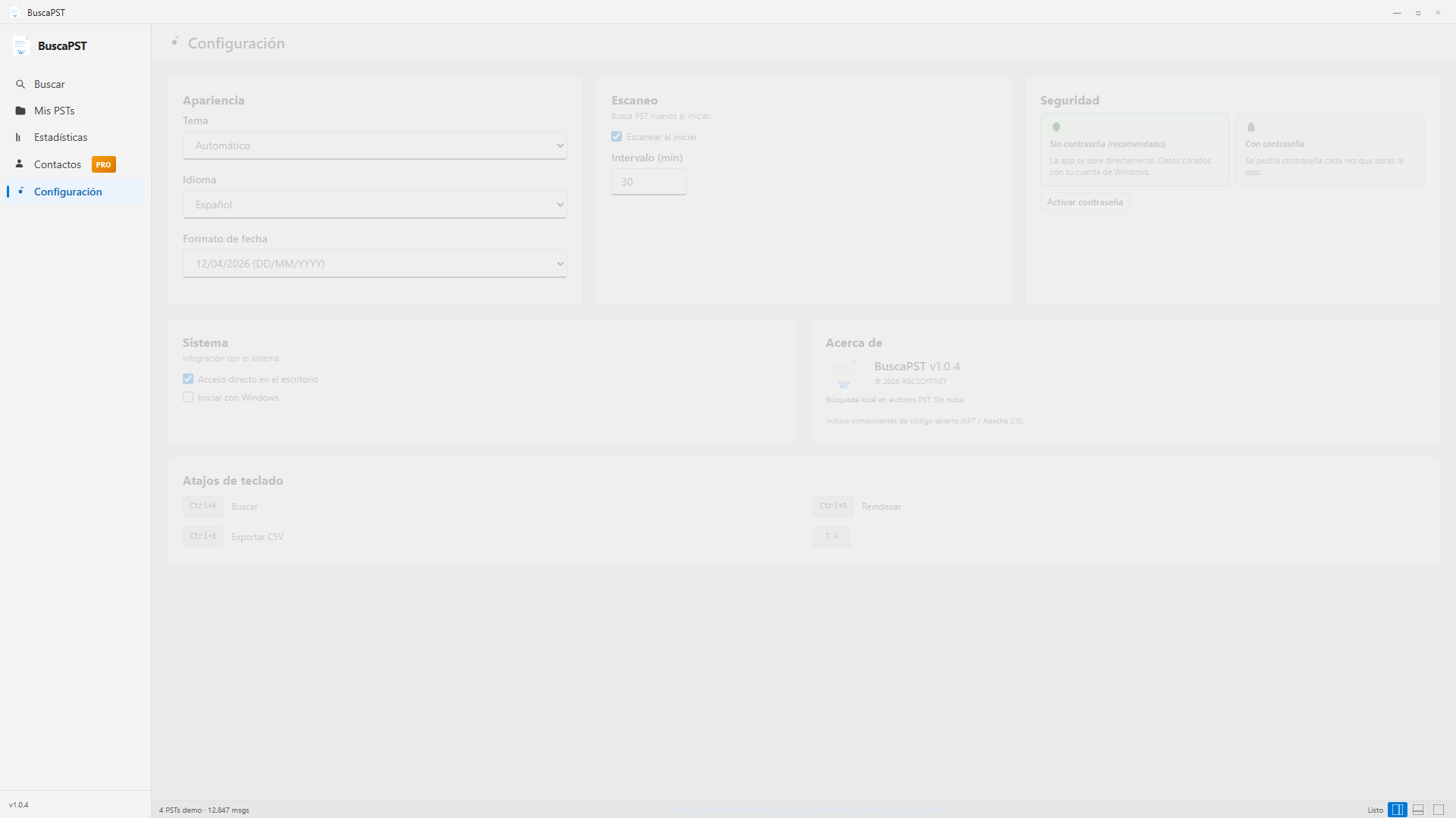 Pantalla de configuración